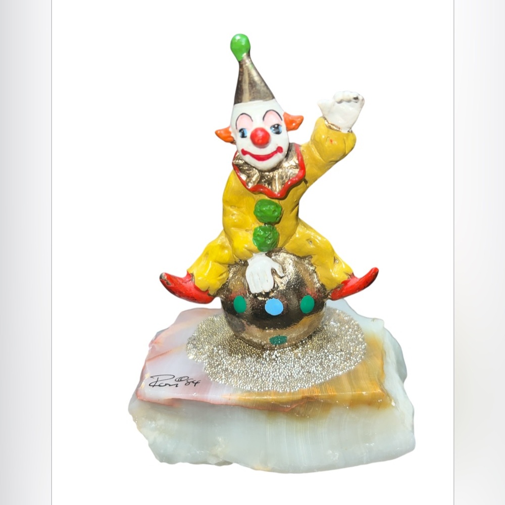 Vintage 1984 Ron Lee Clown Sculpture On Marble Quartz Riding Bouncy Ball Signed